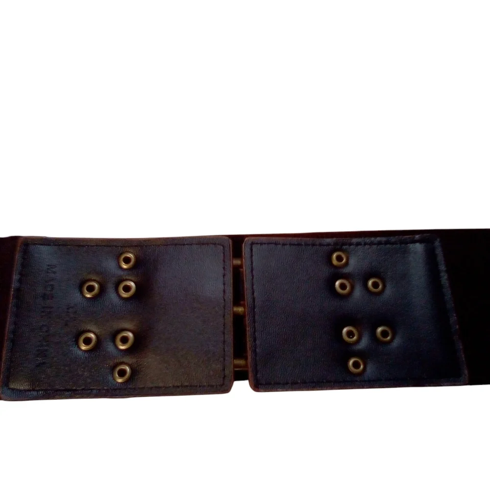Belt Women Brown Boho Western Faux Leather Double Buckle Brass Studs Stretch M/L